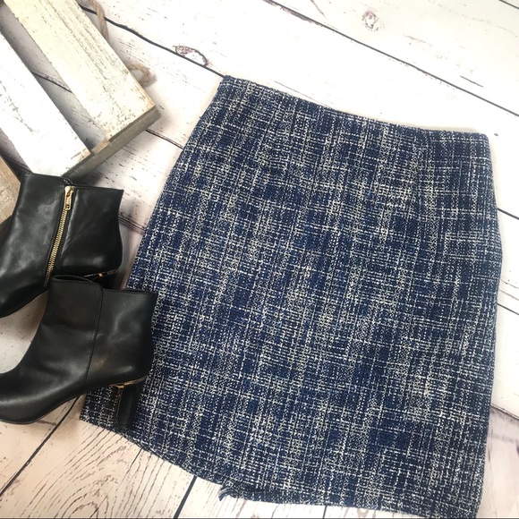 Halogen Blue Tweed Faux Wrap Skirt with Fringe - Picture 6 of 7